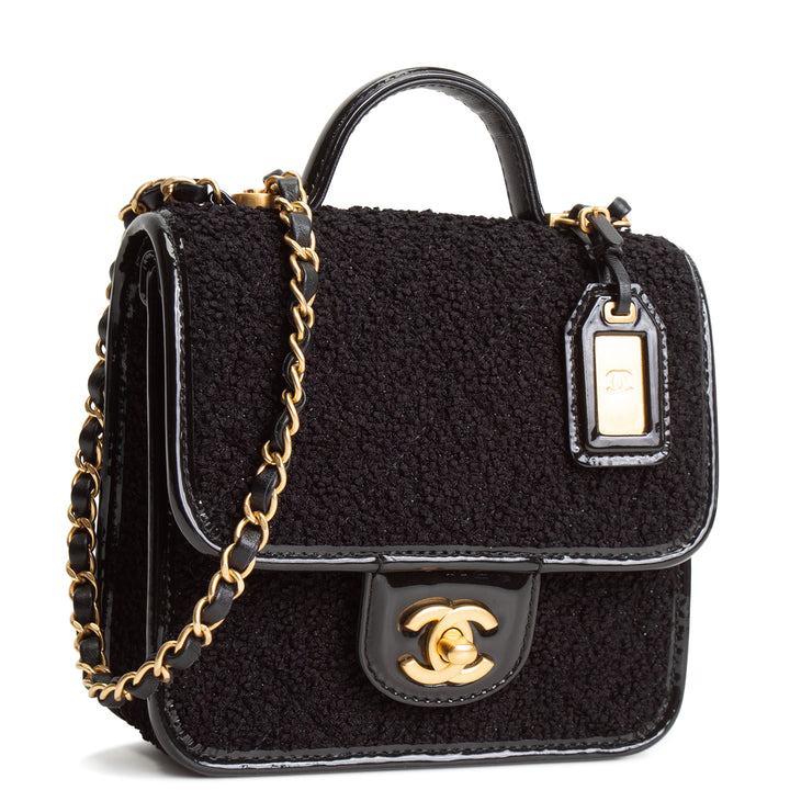 CHANEL Tweed Top Handle School Memory Flap Bag - Black