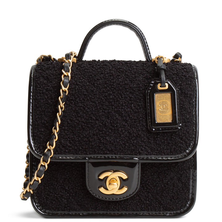 CHANEL Tweed Top Handle School Memory Flap Bag - Black