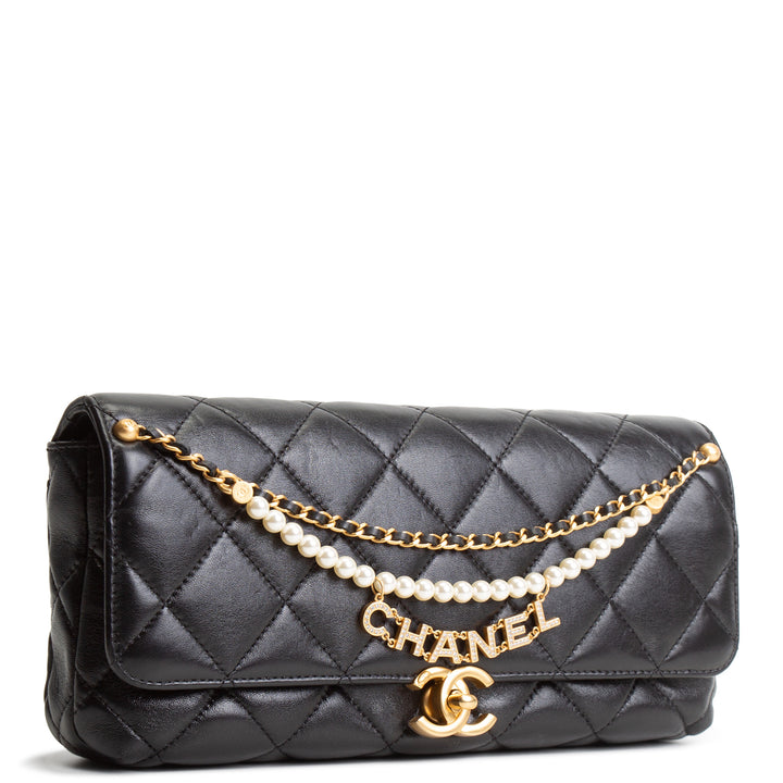 CHANEL Pearl Chain Flap Clutch - Black