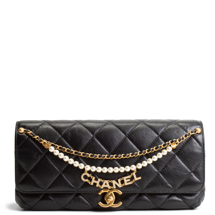 CHANEL Pearl Chain Flap Clutch - Black