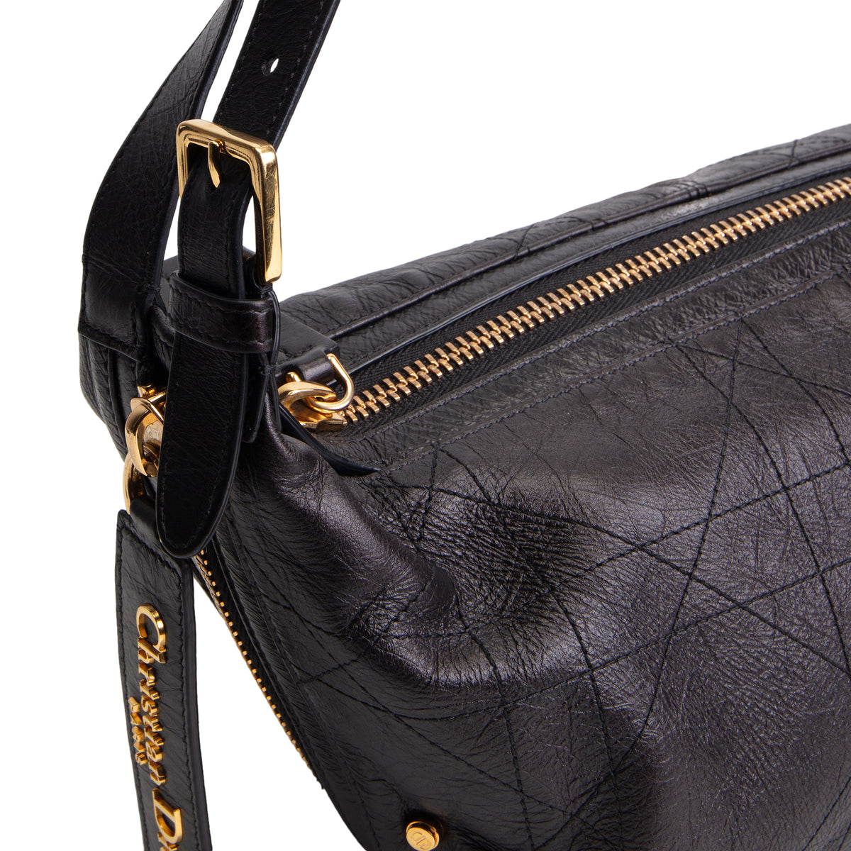 DIOR D-Journey Bag Crinkled Calfskin Shoulder Bag - Black