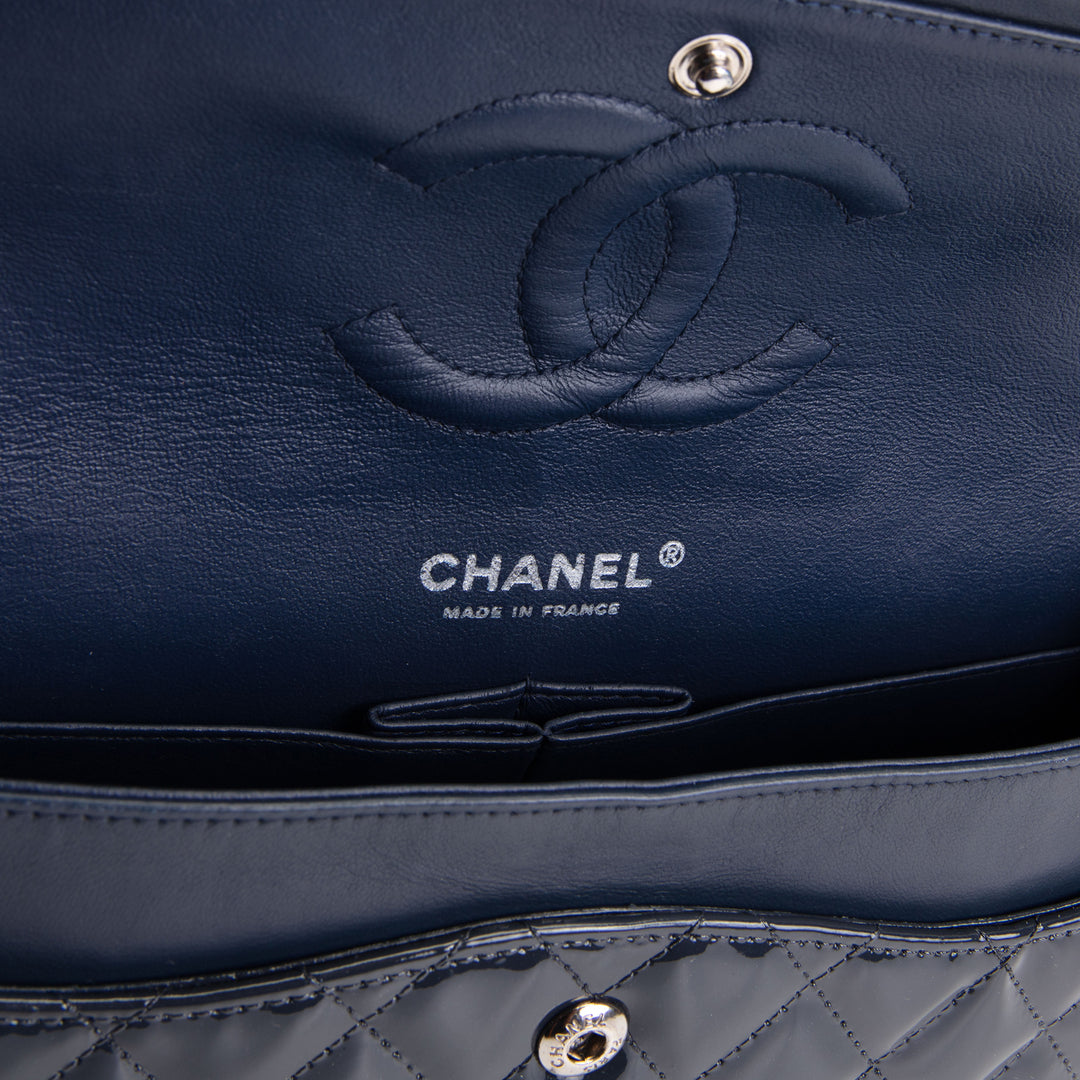 CHANEL Patent Sparkly Medium Double Flap Bag - Midnight Blue