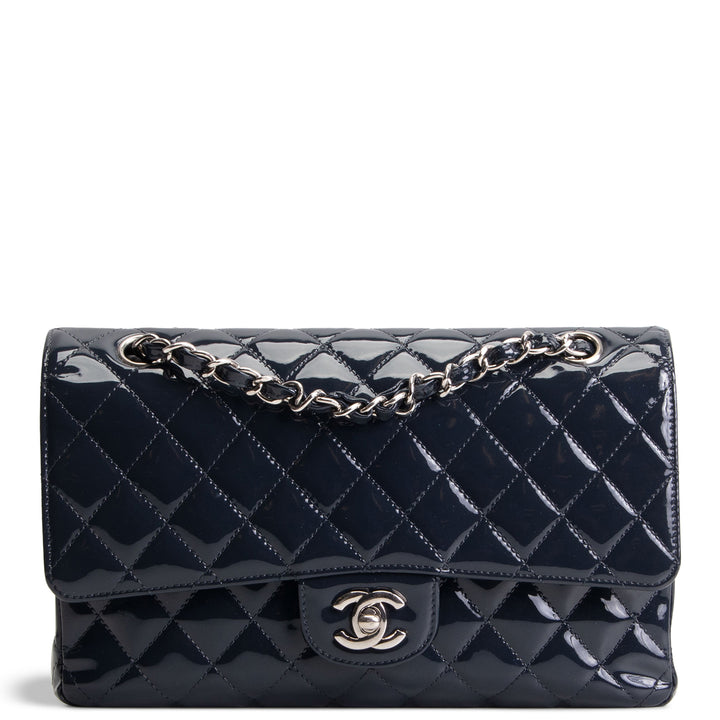CHANEL Patent Sparkly Medium Double Flap Bag - Midnight Blue