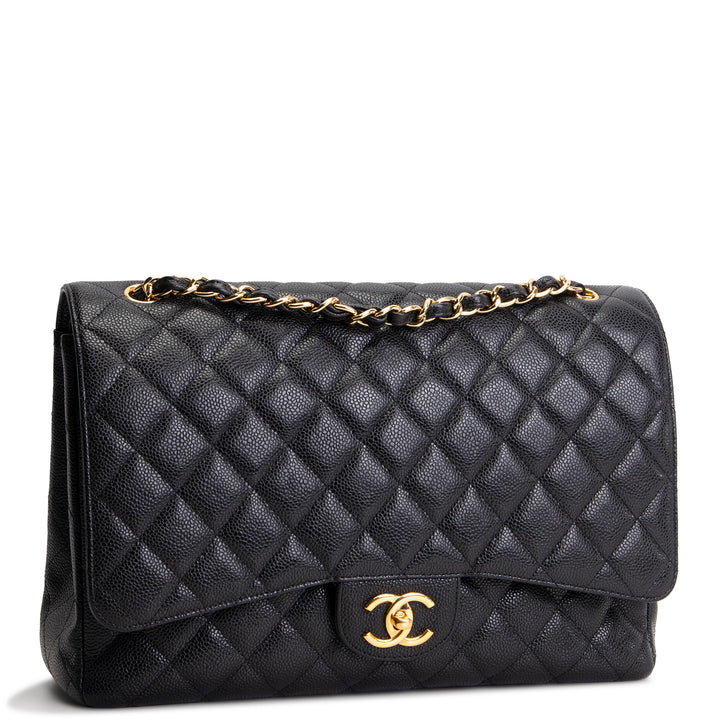 CHANEL Quilted Caviar Maxi Double Flap Bag - Black