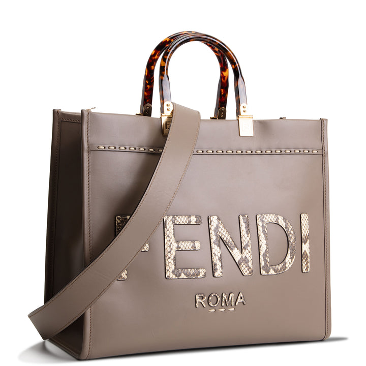 FENDI Medium Sunshine Tote w/ Python - Taupe