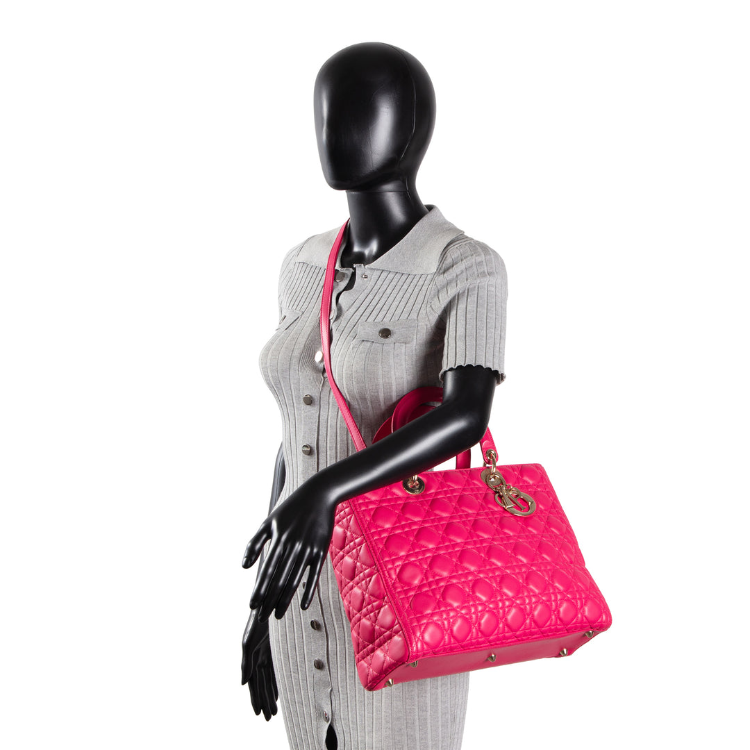 DIOR Lambskin Cannage Large Lady Dior w/ Strap - Pink
