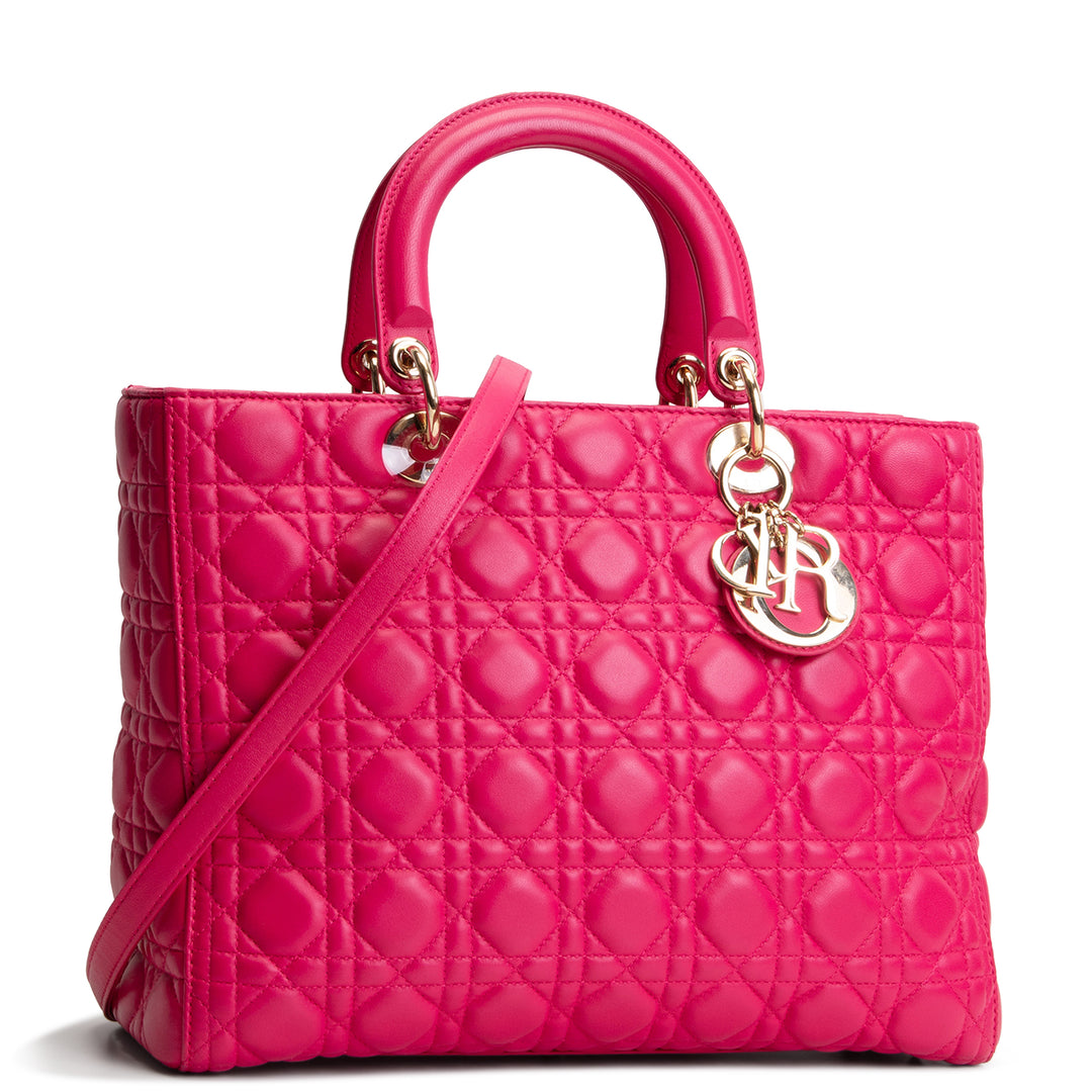 DIOR Lambskin Cannage Large Lady Dior w/ Strap - Pink