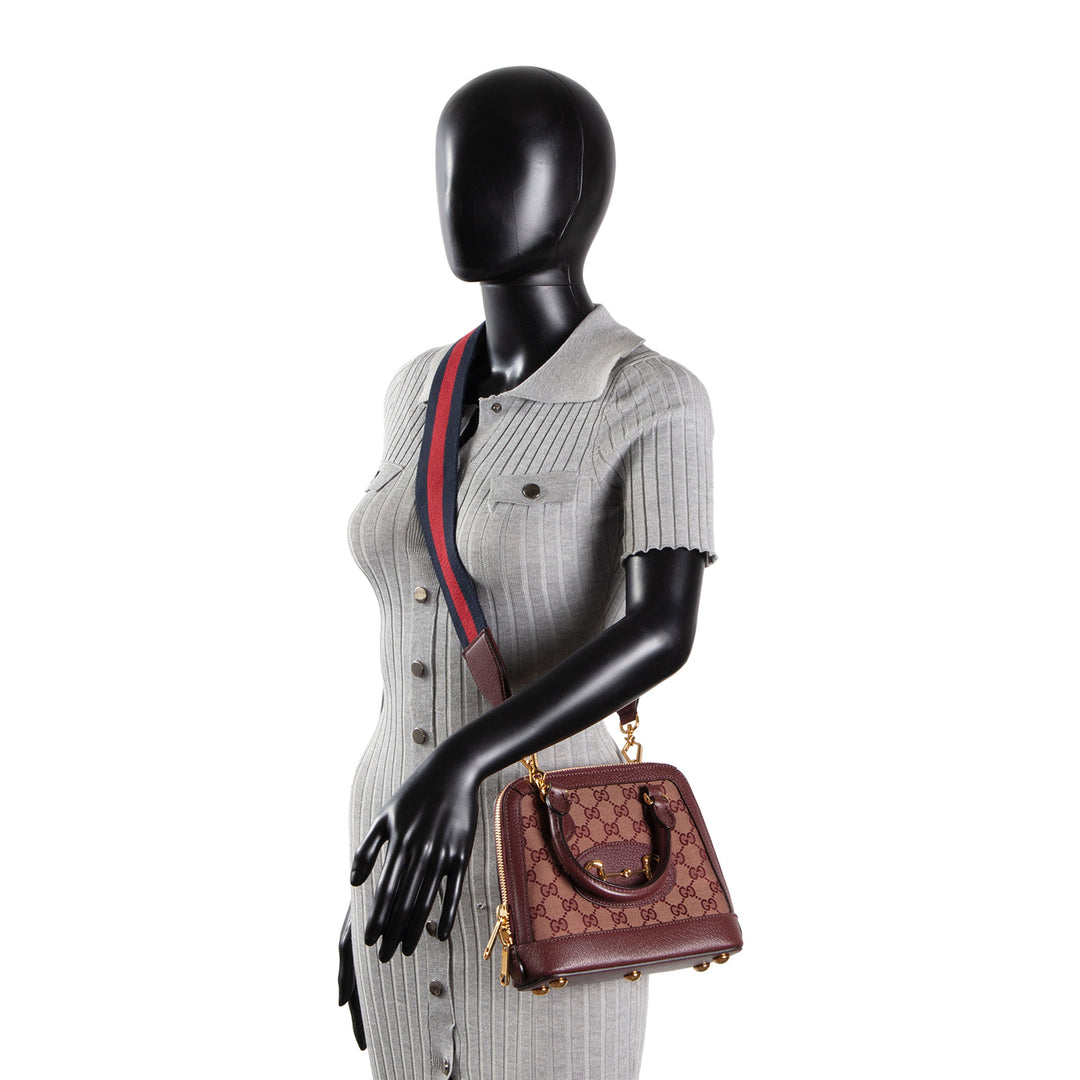 GUCCI Horsebit 1955 Top Handle GG Canvas w/ Strap - Burgundy