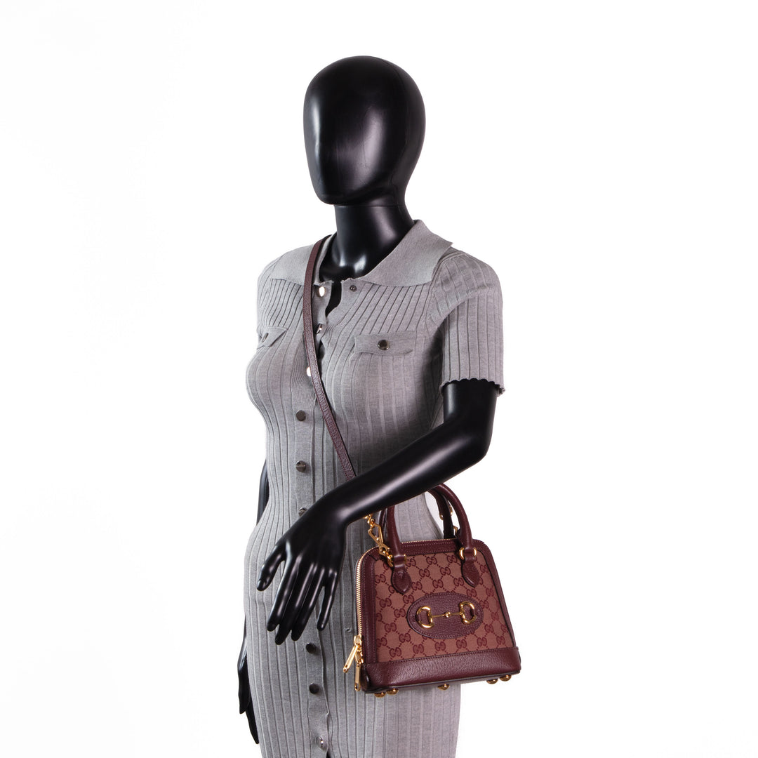 GUCCI Horsebit 1955 Top Handle GG Canvas w/ Strap - Burgundy