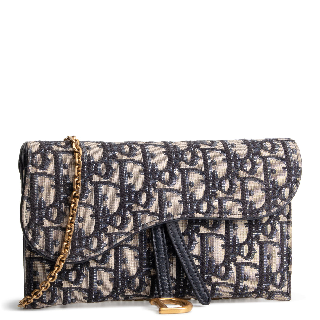 DIOR Oblique Saddle Wallet On Chain w/ Pouch - Navy Blue