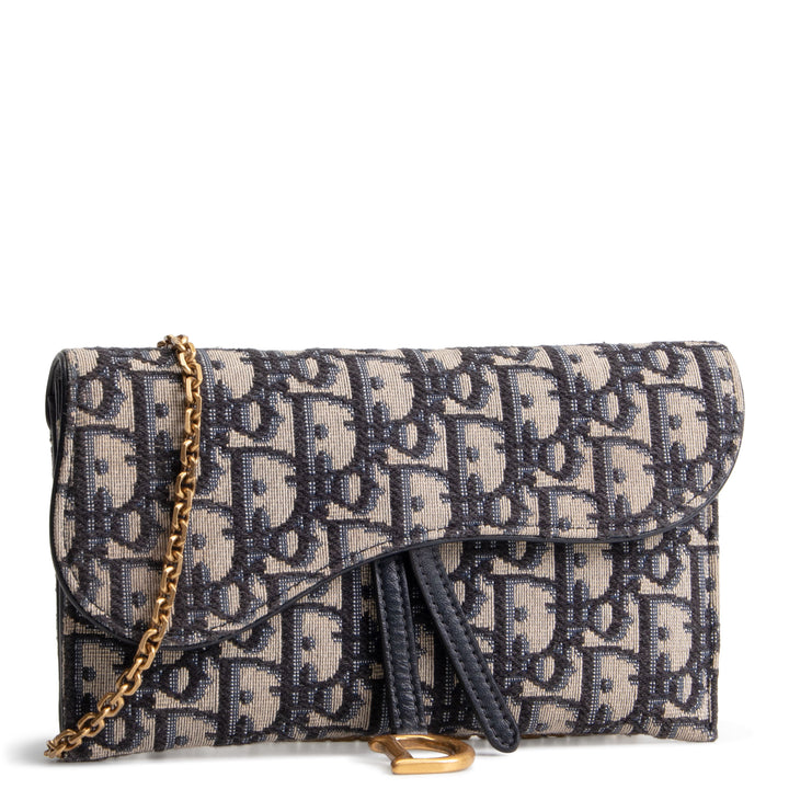 DIOR Oblique Saddle Wallet On Chain w/ Pouch - Navy Blue