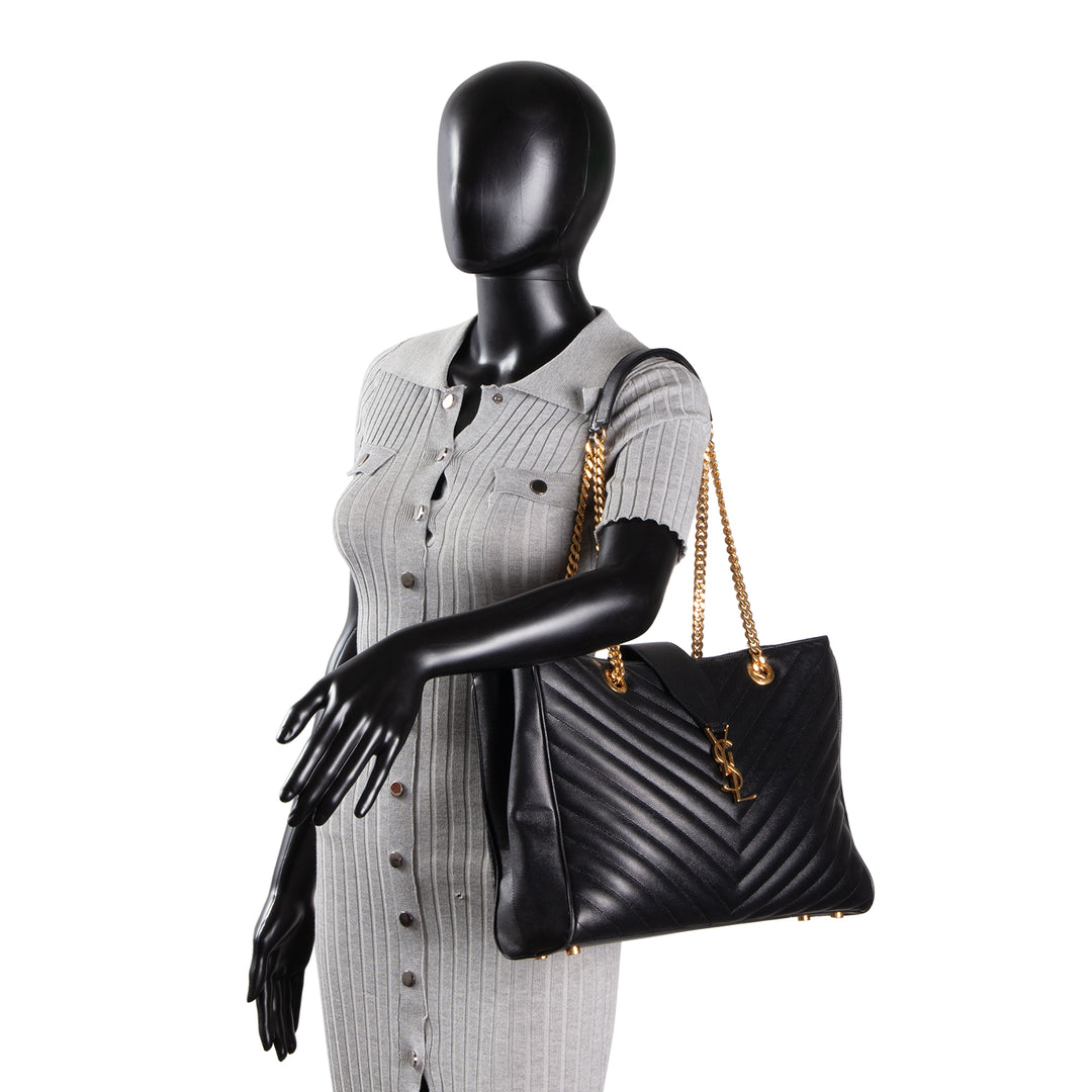 SAINT LAURENT Grain de Poudre Matelasse Chevron Shopping Tote - Black OUTLET FINAL SALE