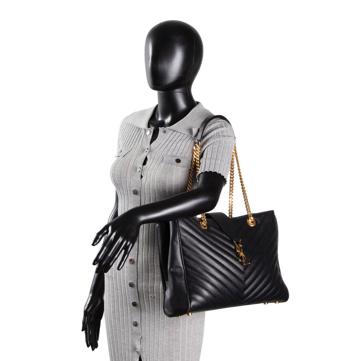 SAINT LAURENT Grain de Poudre Matelasse Chevron Shopping Tote - Black OUTLET FINAL SALE