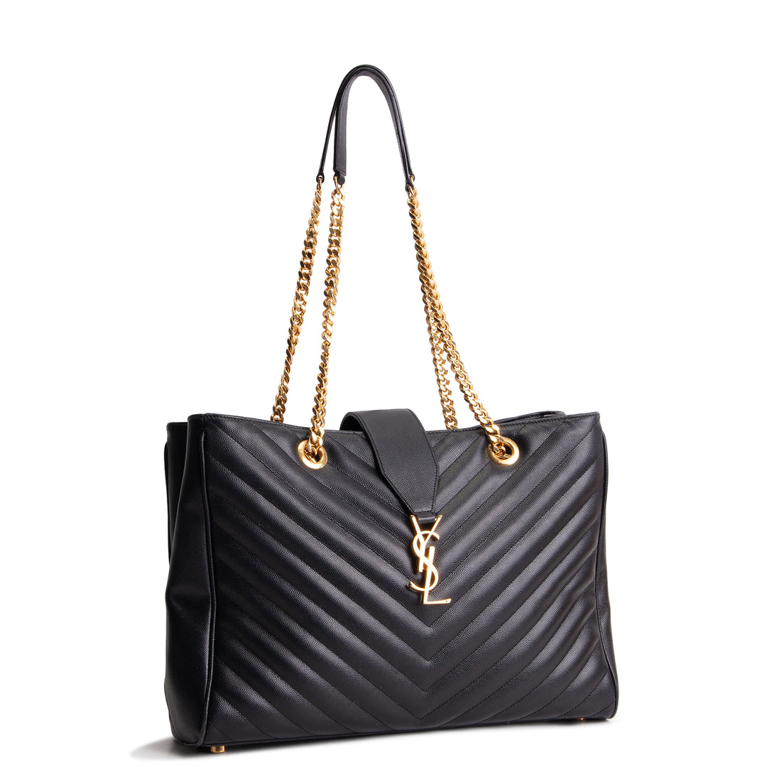 SAINT LAURENT Grain de Poudre Matelasse Chevron Shopping Tote - Black OUTLET FINAL SALE