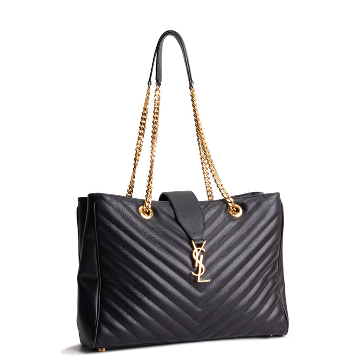 SAINT LAURENT Grain de Poudre Matelasse Chevron Shopping Tote - Black OUTLET FINAL SALE