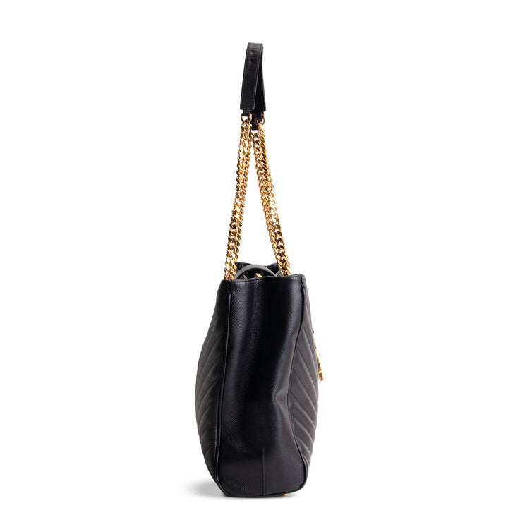 SAINT LAURENT Grain de Poudre Matelasse Chevron Shopping Tote - Black OUTLET FINAL SALE