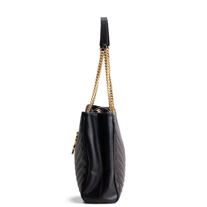 SAINT LAURENT Grain de Poudre Matelasse Chevron Shopping Tote - Black OUTLET FINAL SALE