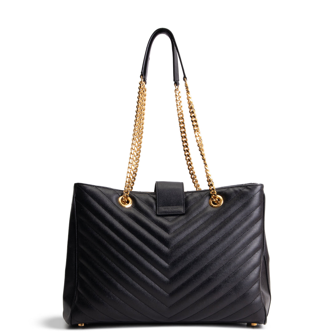 SAINT LAURENT Grain de Poudre Matelasse Chevron Shopping Tote - Black OUTLET FINAL SALE