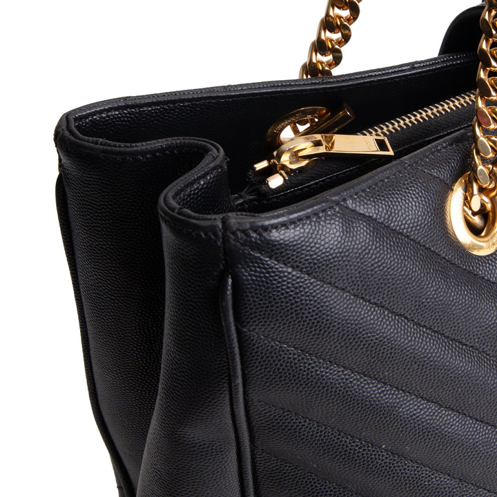 SAINT LAURENT Grain de Poudre Matelasse Chevron Shopping Tote - Black OUTLET FINAL SALE