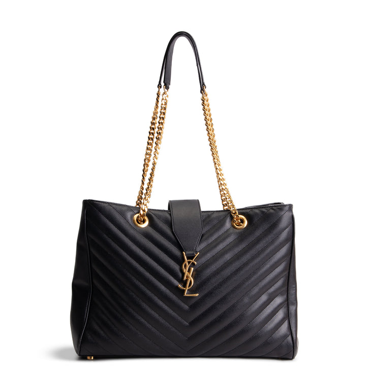 SAINT LAURENT Grain de Poudre Matelasse Chevron Shopping Tote - Black OUTLET FINAL SALE