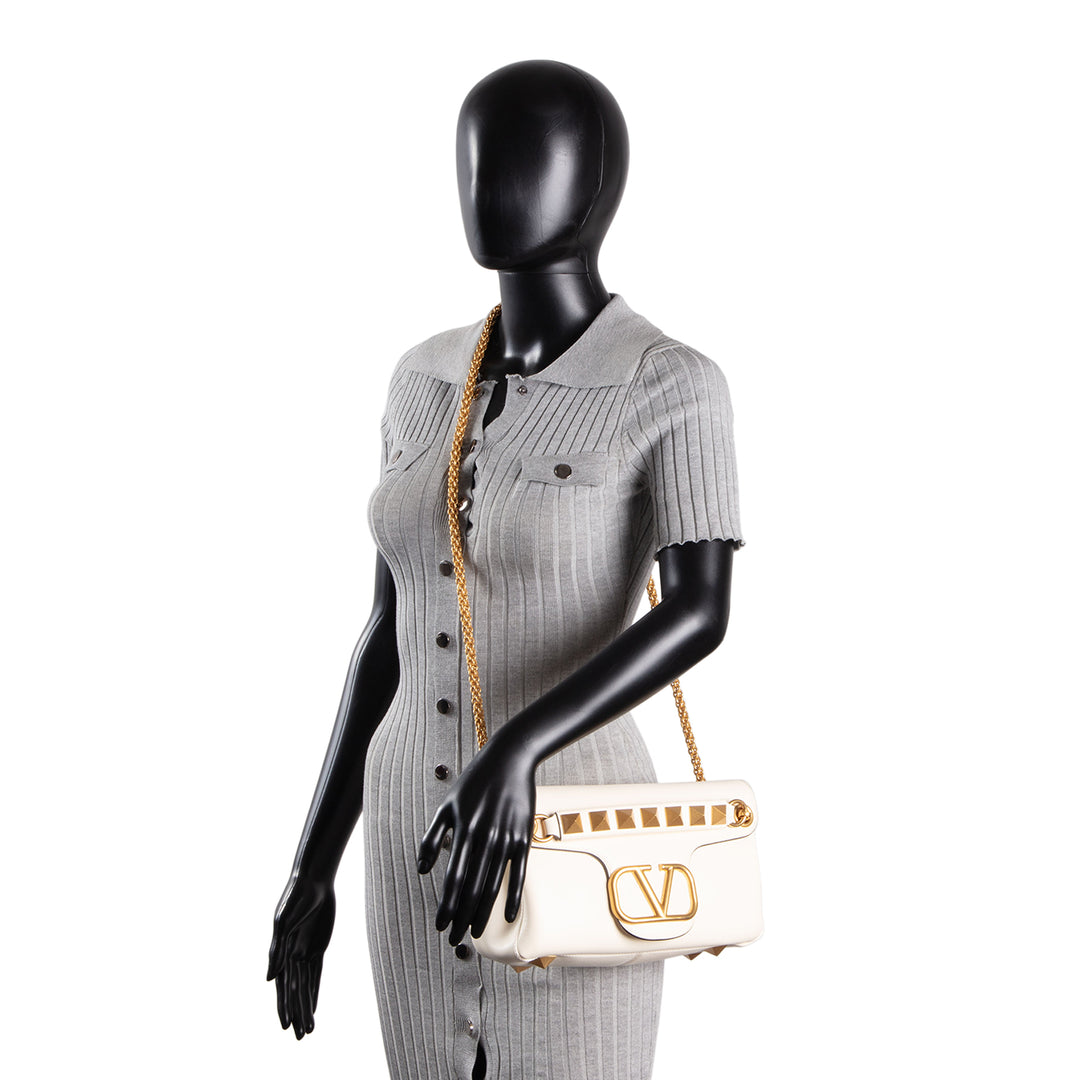 VALENTINO Leather V Logo Stud Shoulder Bag - Ivory