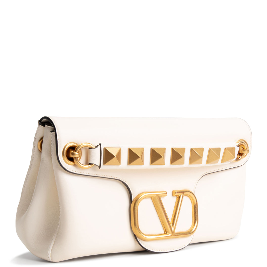 VALENTINO Leather V Logo Stud Shoulder Bag - Ivory