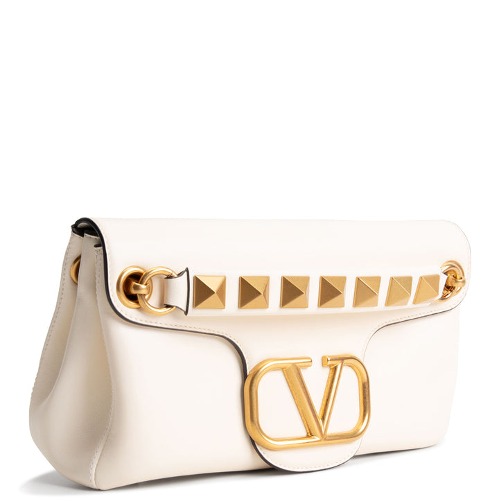 VALENTINO Leather V Logo Stud Shoulder Bag - Ivory