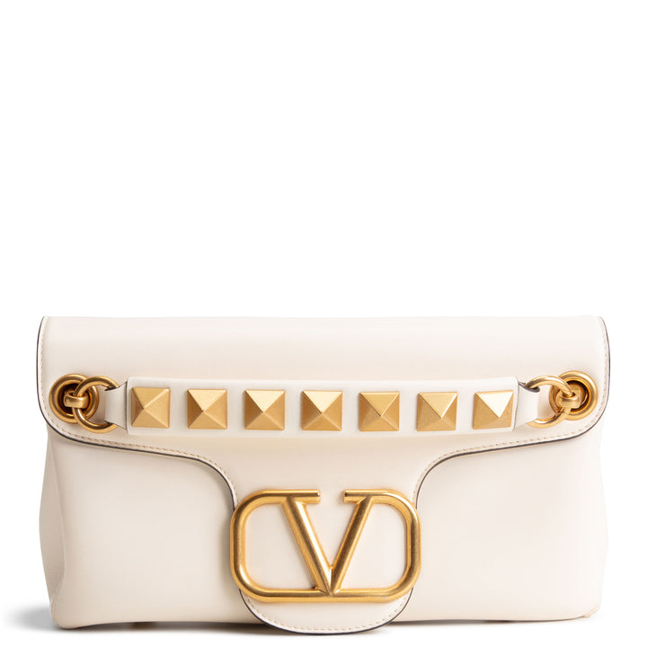 VALENTINO Leather V Logo Stud Shoulder Bag - Ivory