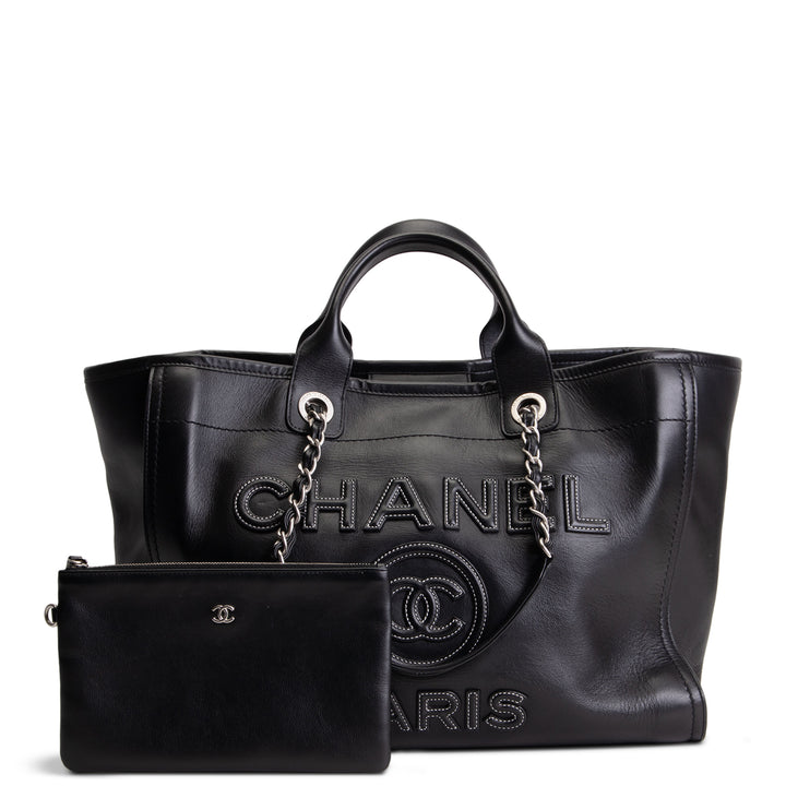 CHANEL Leather Deauville Shopping Tote w/pouch - Black