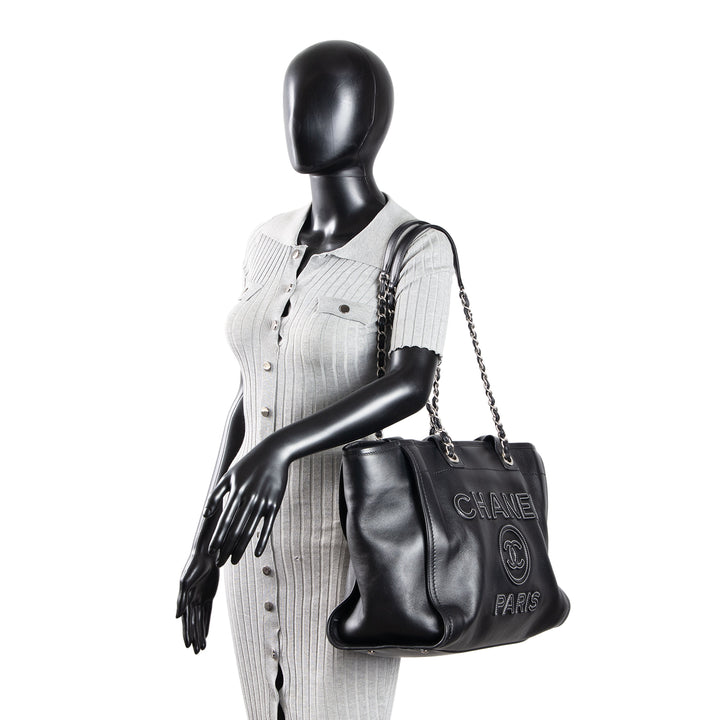 CHANEL Leather Deauville Shopping Tote w/pouch - Black