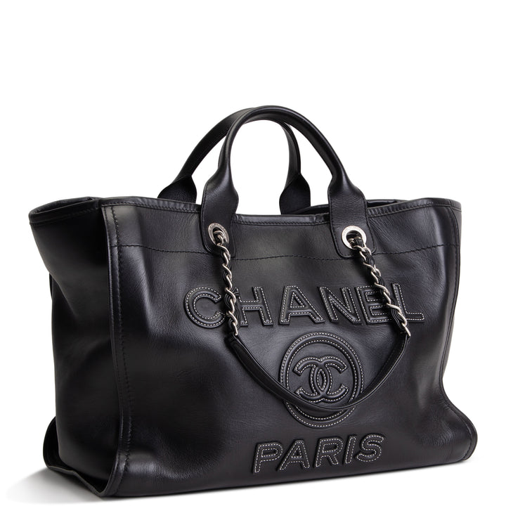 CHANEL Leather Deauville Shopping Tote w/pouch - Black