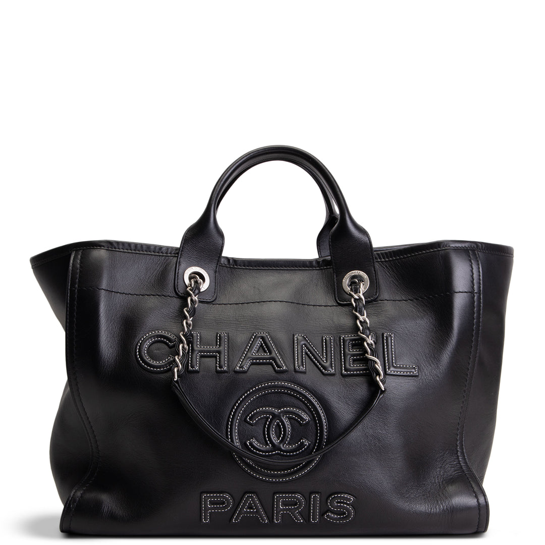 CHANEL Leather Deauville Shopping Tote w/pouch - Black