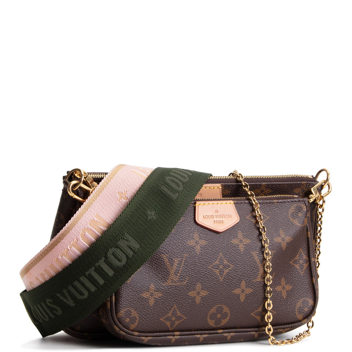 LOUIS VUITTON Monogram Multi Pochette Accessoires w/ Khaki & Pink Strap