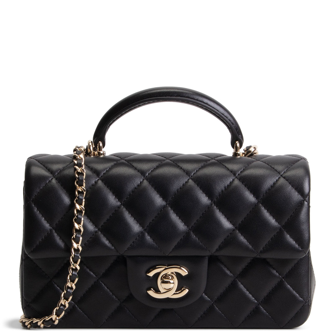 CHANEL Lambskin Top Handle Rectangular Flap Bag - Black