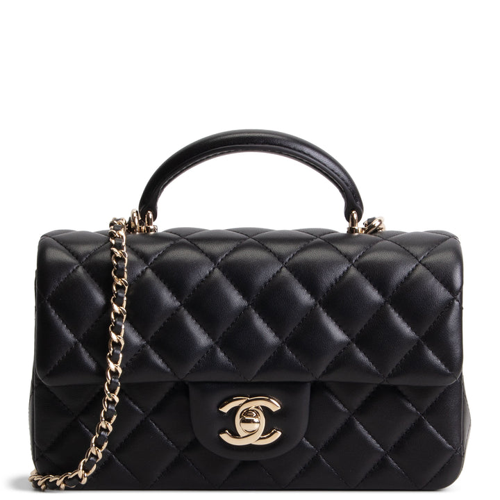 CHANEL Lambskin Top Handle Rectangular Flap Bag - Black