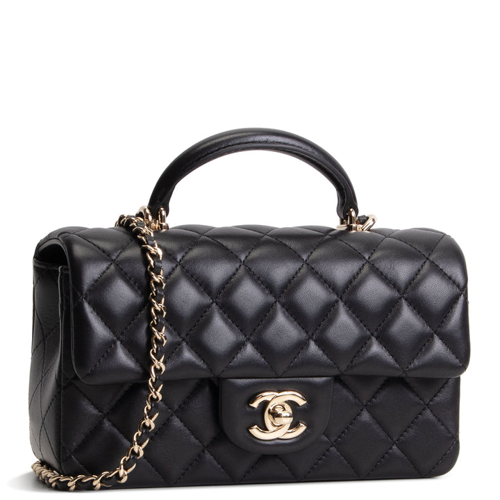CHANEL Lambskin Top Handle Rectangular Flap Bag - Black