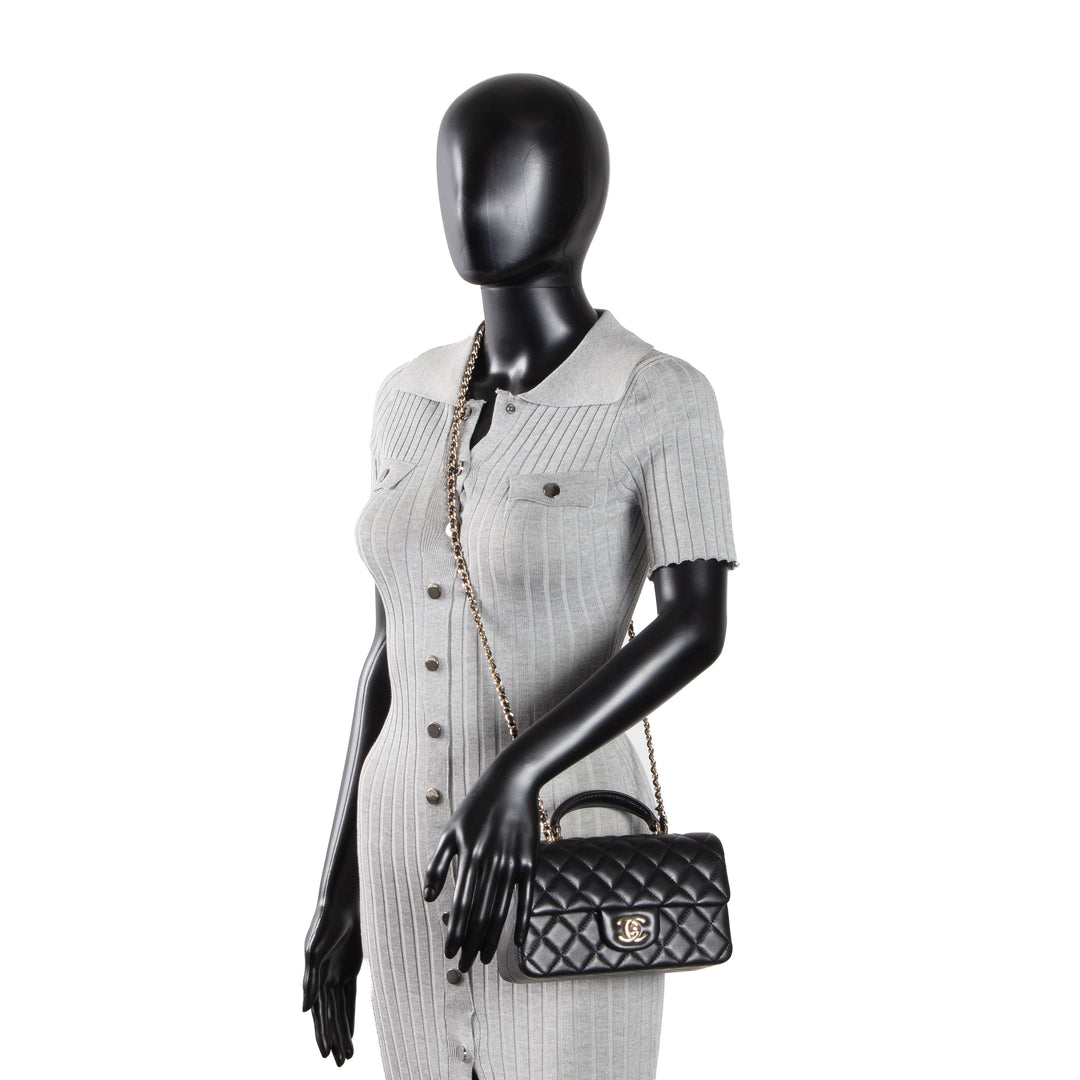 CHANEL Lambskin Top Handle Rectangular Flap Bag - Black