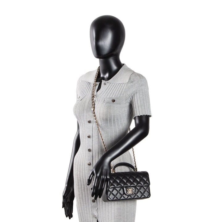 CHANEL Lambskin Top Handle Rectangular Flap Bag - Black
