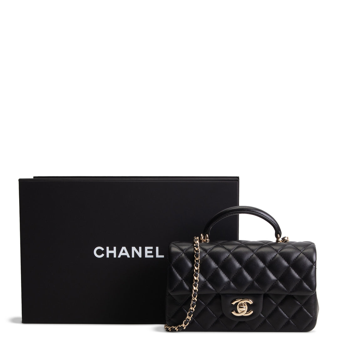 CHANEL Lambskin Top Handle Rectangular Flap Bag - Black