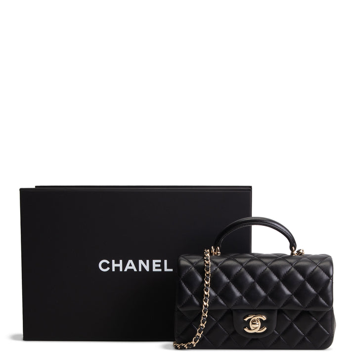 CHANEL Lambskin Top Handle Rectangular Flap Bag - Black