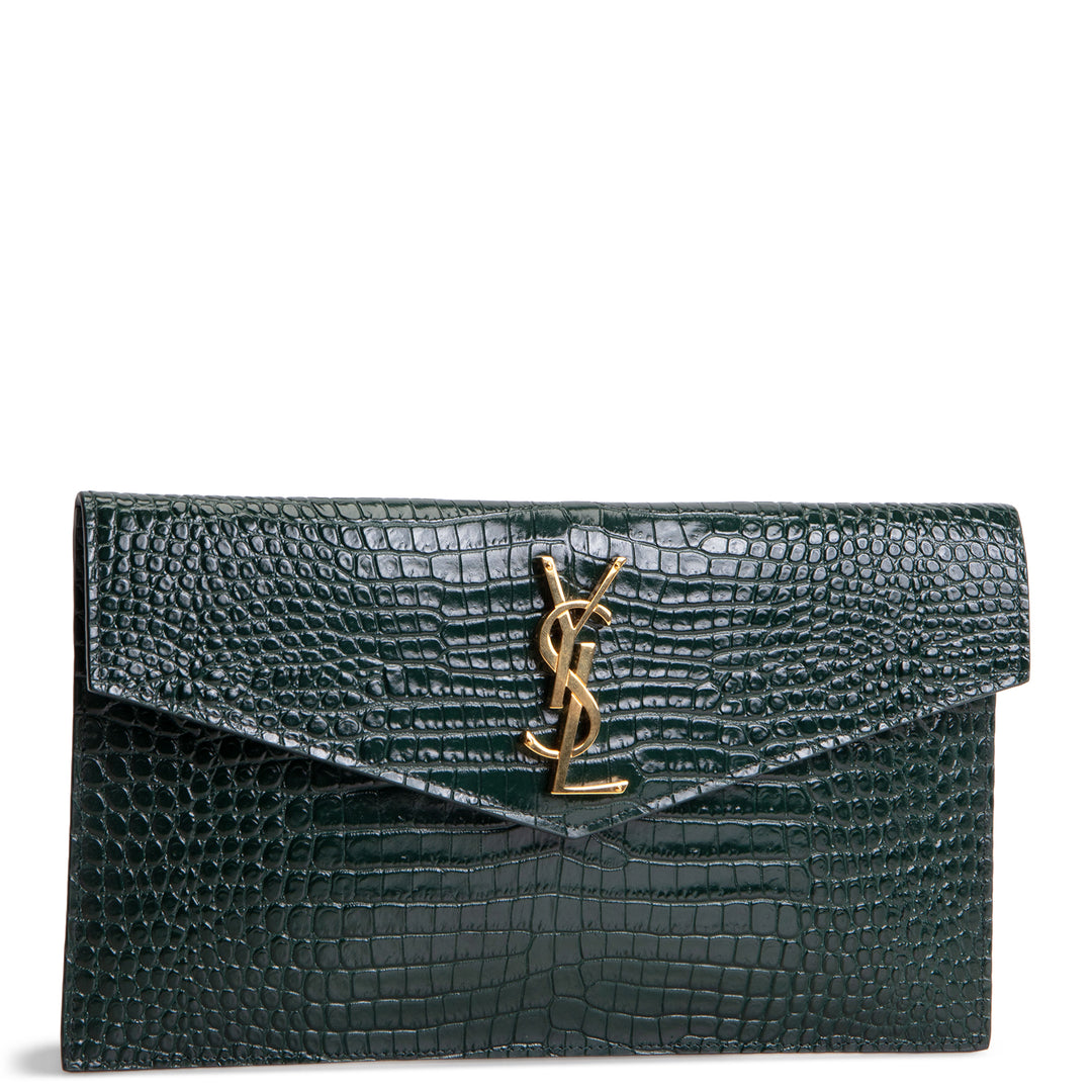 SAINT LAURENT Croc Embossed Uptown Clutch - Dark Green