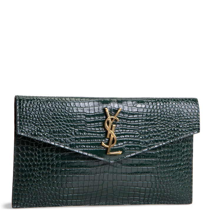 SAINT LAURENT Croc Embossed Uptown Clutch - Dark Green