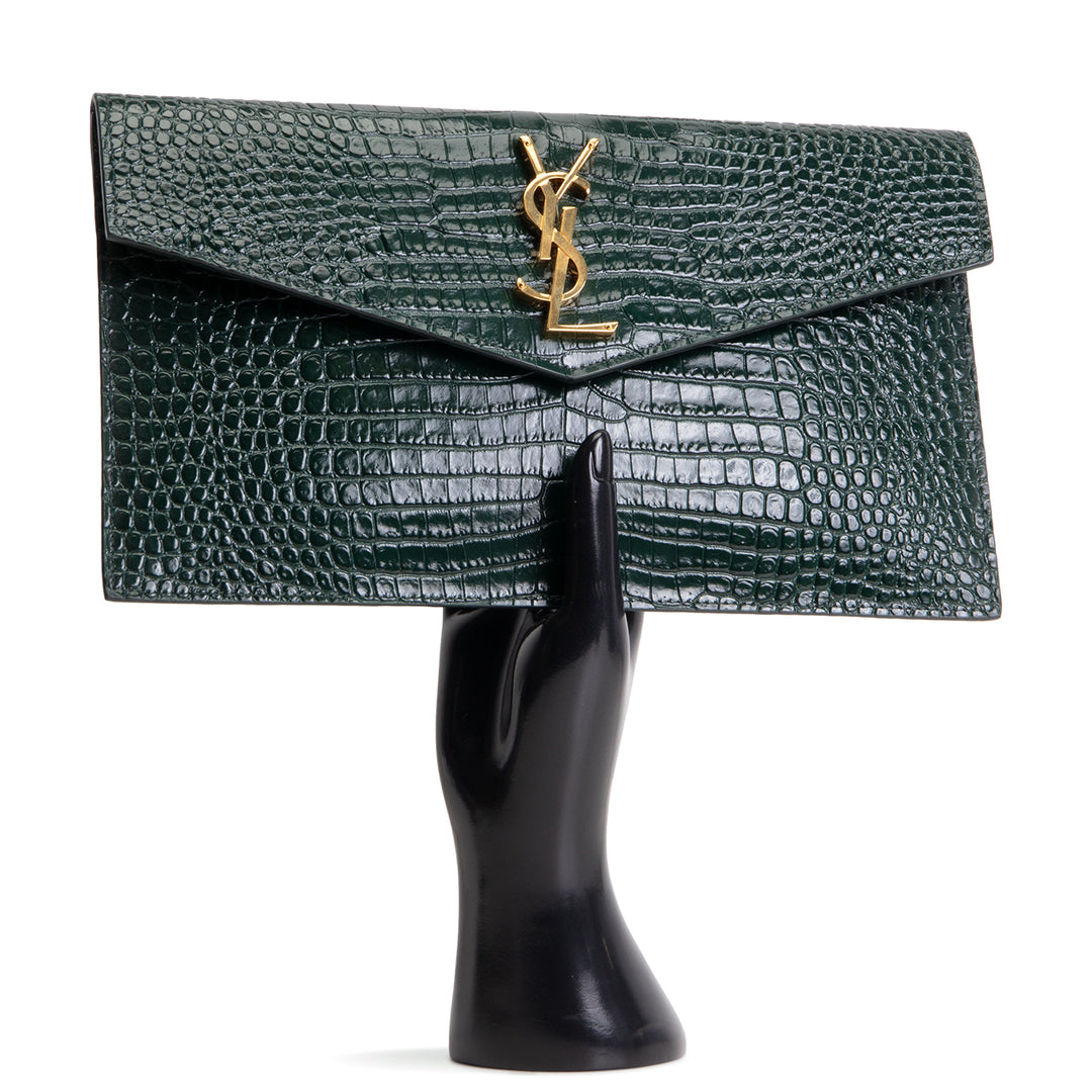 SAINT LAURENT Croc Embossed Uptown Clutch - Dark Green
