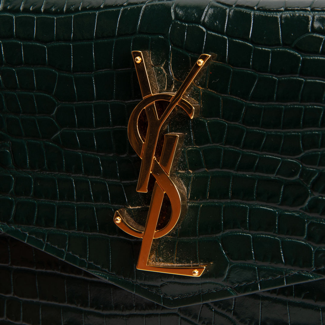 SAINT LAURENT Croc Embossed Uptown Clutch - Dark Green
