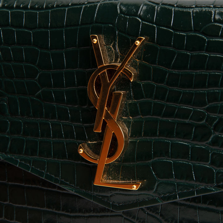 SAINT LAURENT Croc Embossed Uptown Clutch - Dark Green