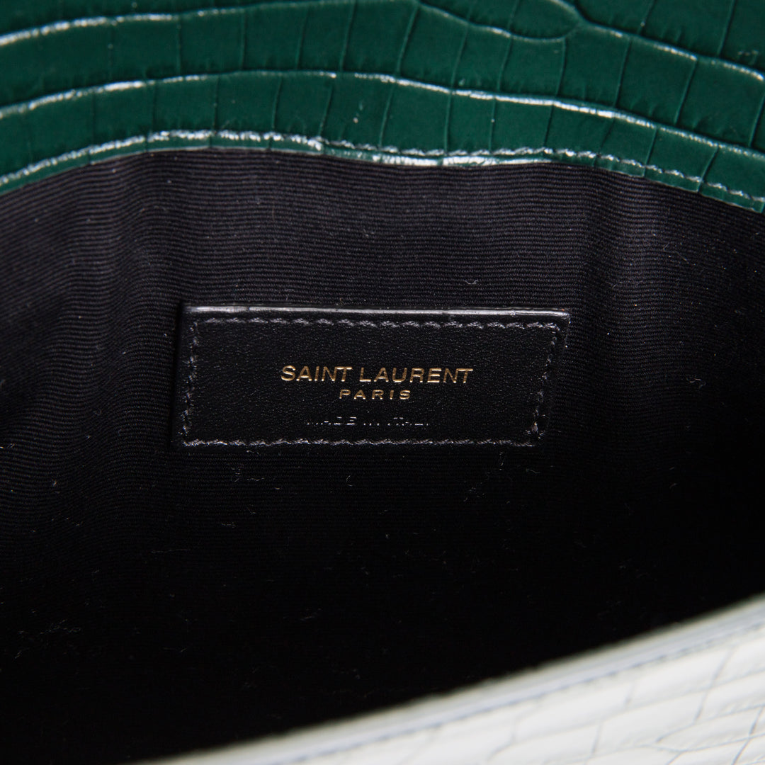 SAINT LAURENT Croc Embossed Uptown Clutch - Dark Green
