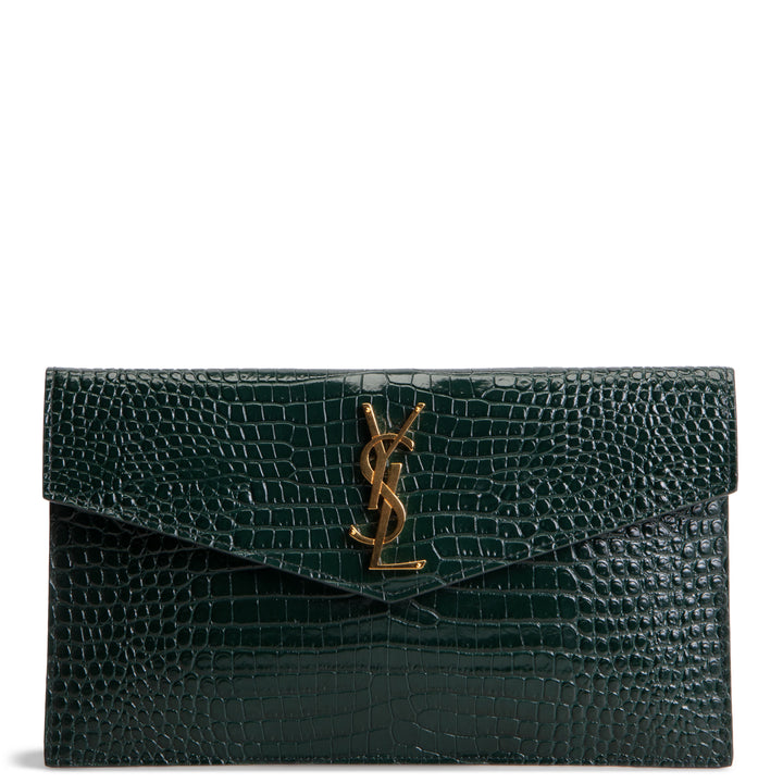 SAINT LAURENT Croc Embossed Uptown Clutch - Dark Green
