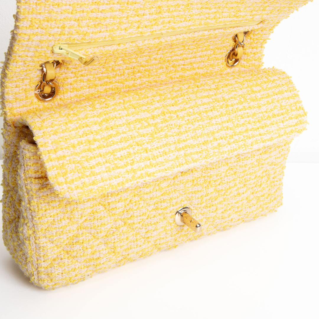 CHANEL Medium Double Flap Quilted Tweed Yellow