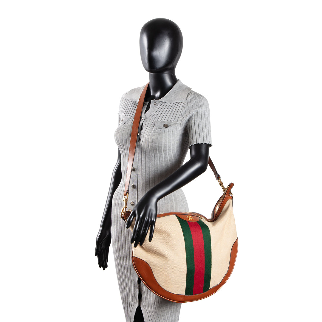 GUCCI Vintage Canvas Calfskin Web Ophidia Half Moon Hobo - Sand Light Cuir