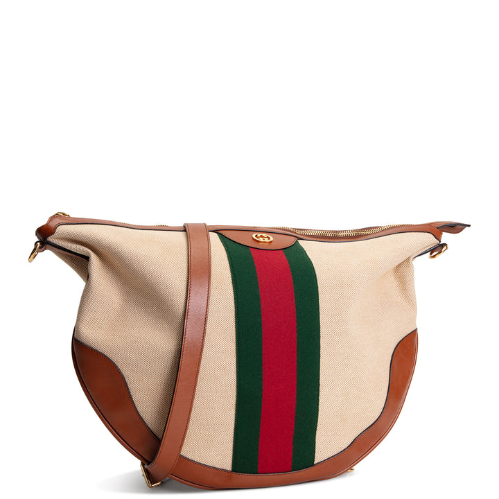 GUCCI Vintage Canvas Calfskin Web Ophidia Half Moon Hobo - Sand Light Cuir